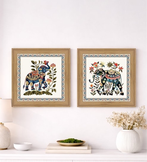 (Pack Of 2) Blue Fibre Floral Elephant Wall Art Panels