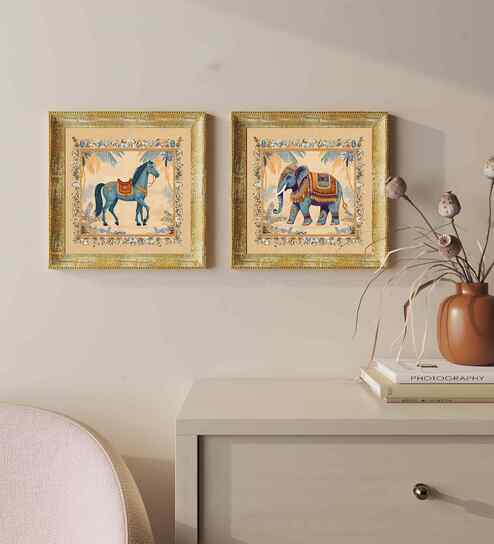 (Pack Of 2) Blue Fibre Mughal Floral Wall Art Panels