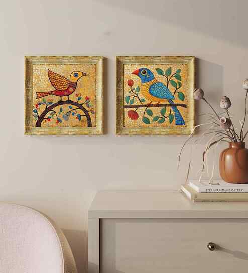 (Pack Of 2) Gold Fibre Madhubani Decorative Wall Art Panels