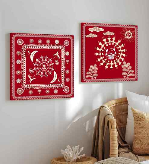 (Pack Of 2) Multicolour Canvas Traditional Indian Wall Art Panels