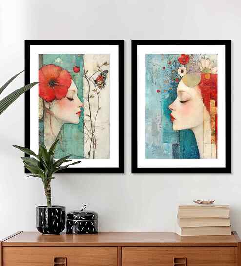 (Pack Of 2) Red Fibre Colorful Floral Wall Art Panels