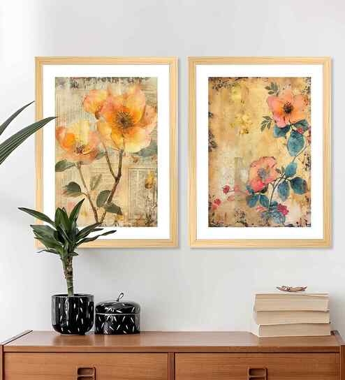 (Pack Of 2) Yellow Fibre Beautiful Peacock Wall Art Panels