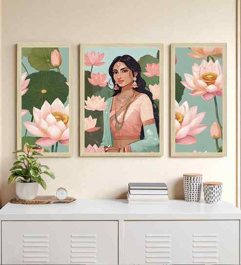 (Pack Of 3) Beige Fibre Lotus Floral Wall Art Panels