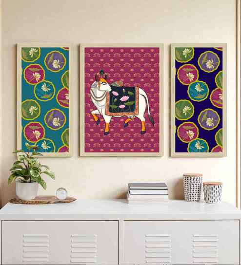 (Pack Of 3) Multicolour Fibre Pichwai Floral Wall Art Panels
