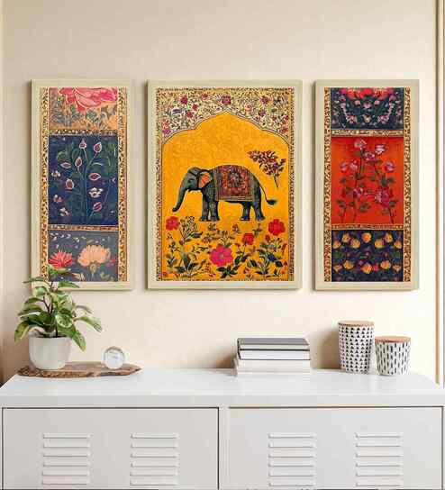 (Pack Of 3) Yellow Fibre Colorful Floral Wall Art Panels