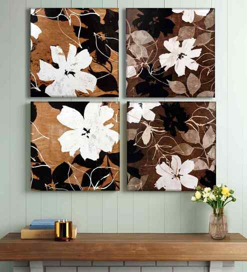 (Pack Of 4) Brown Canvas Clasic Floral Wall Art Panels