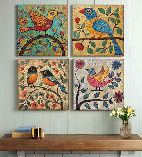 (Pack Of 4) Multicolour Canvas Floral Birds Wall Art Panels