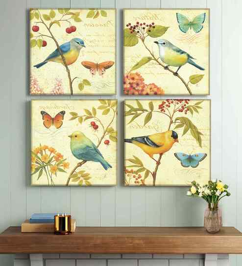 (Pack Of 4) Multicolour Canvas Uniqe Bird Wall Art Panels