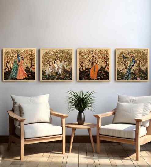 (Pack Of 4) Multicolour Fibre Madhubani Floral Wall Art Panels