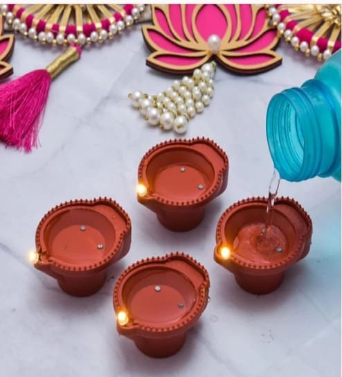 (Pack of 4) Water Sensor Diya Smokeless Sensor Festive LED Light (Warm White)