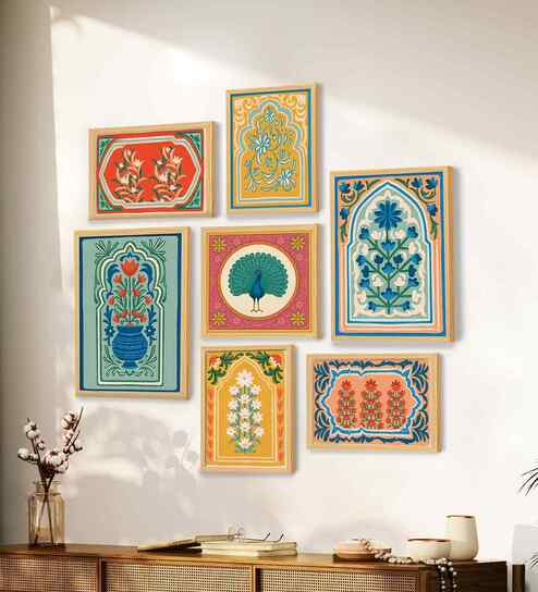 (Pack Of 7) Multicolor Fibre Floral Peacock Wall Art Panels