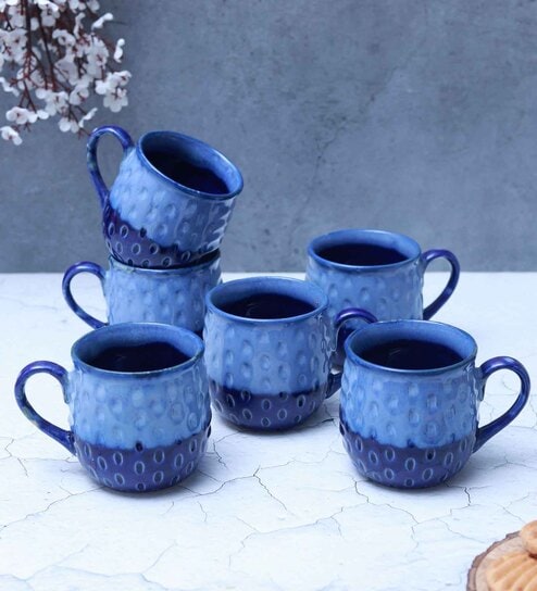 "Polka Dots" studio glazed ceramic tea/coffee mug set(Set of 6)