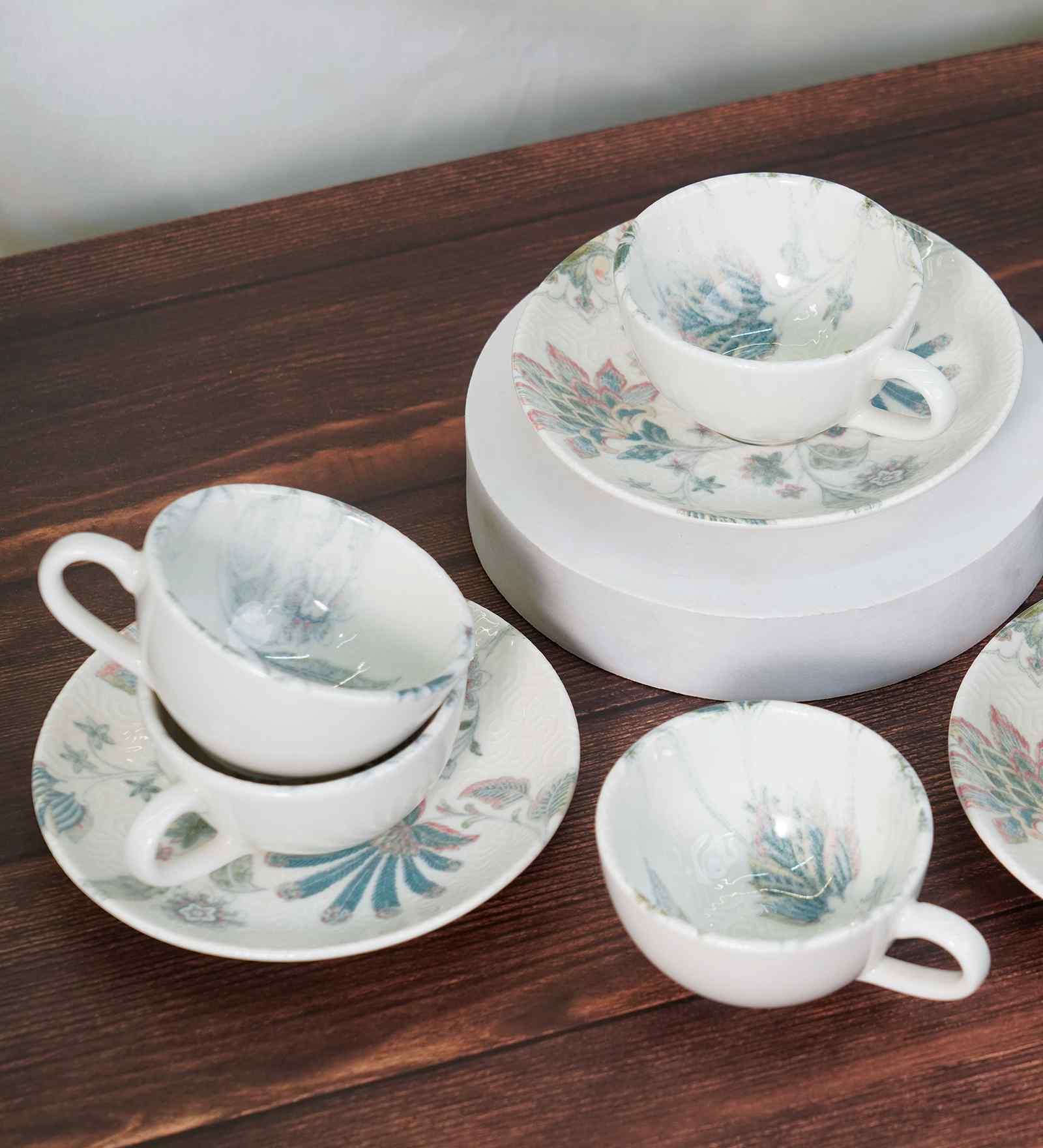 (Set of 12) Pixel- Jacobean Fine Porcelain Tea Cups & Saucer Set