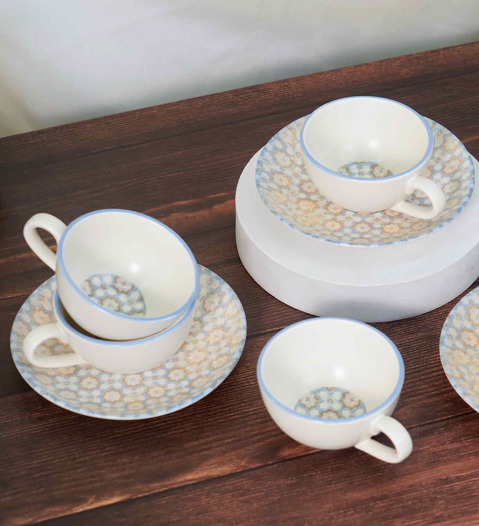 (Set of 12) Pixel- Svara  Fine Porcelain Tea Cups & Saucer Set