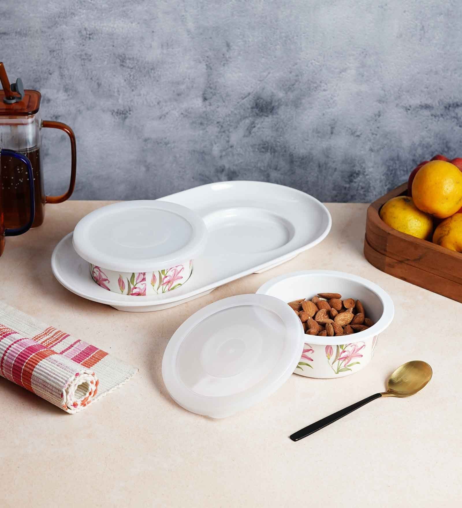 (Set of 2 ) 300ml Melamine Airtight Serving Bowl with Tray (White)