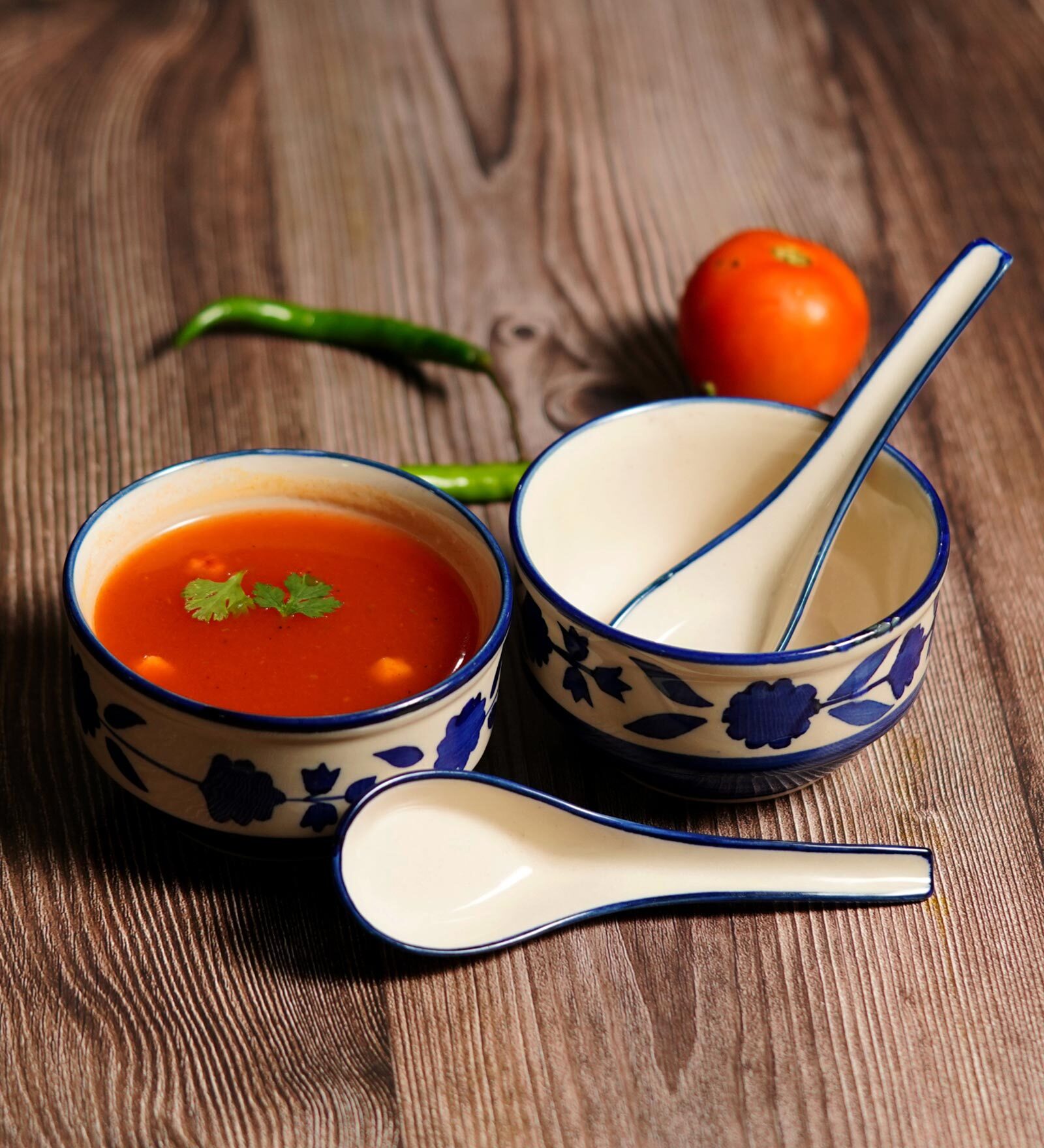 (Set of 2) 350ml Leafy Floral Ceramic Soup Bowl with Spoon (Blue)