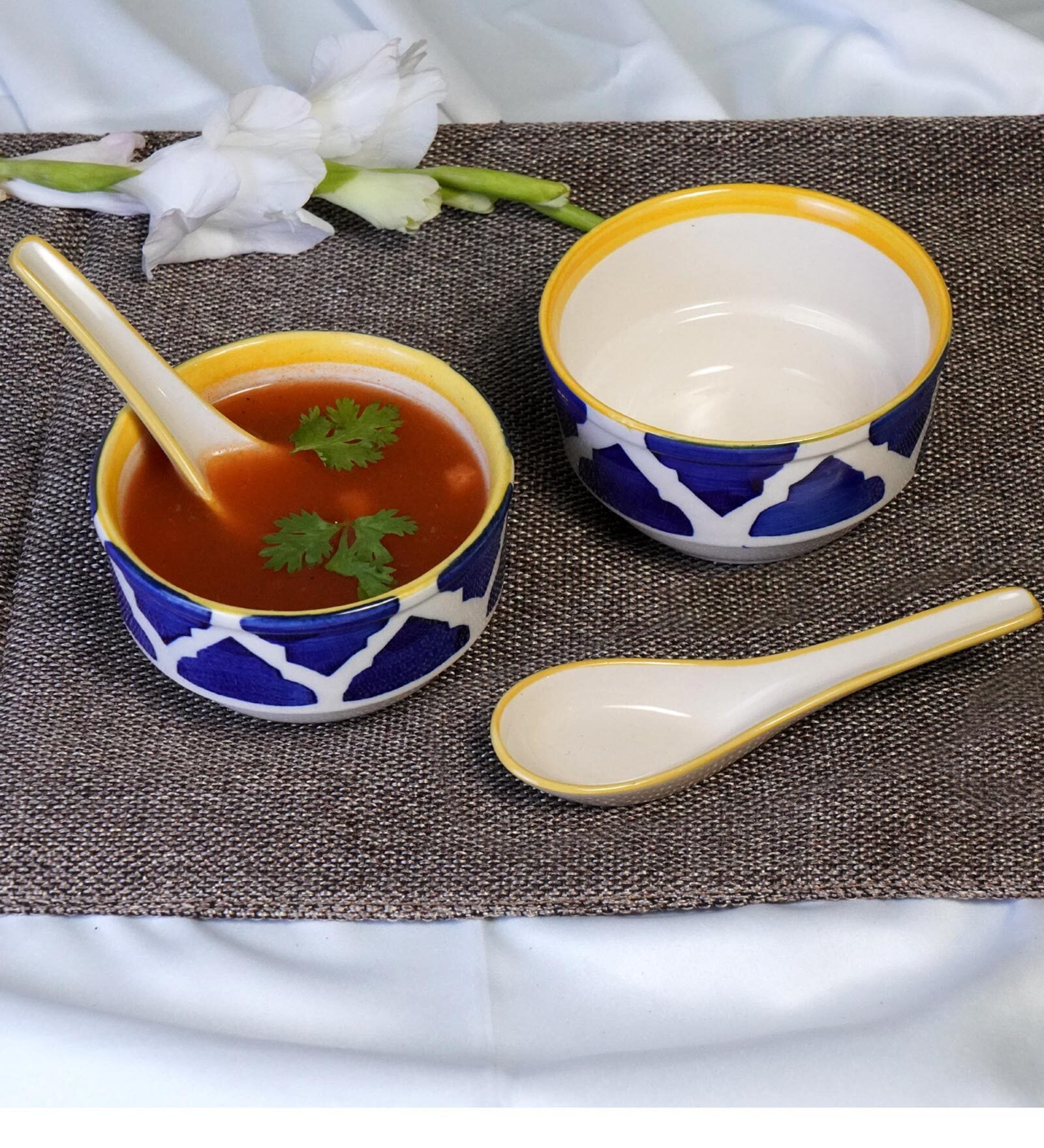 (Set of 2) 350ml Umrao Pattern Ceramic Soup Bowl with Spoon (Blue)
