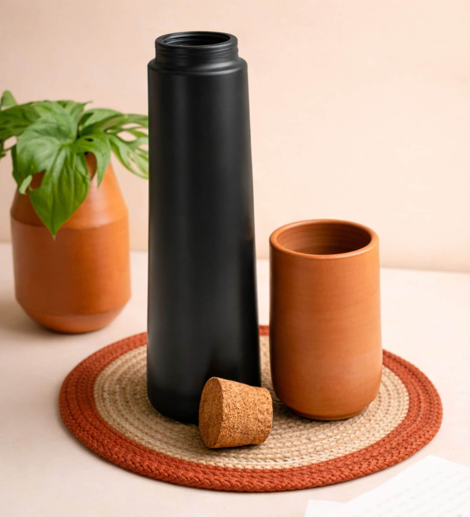 (Set Of 2) Black Terracota Straight Bottle With Tumbler