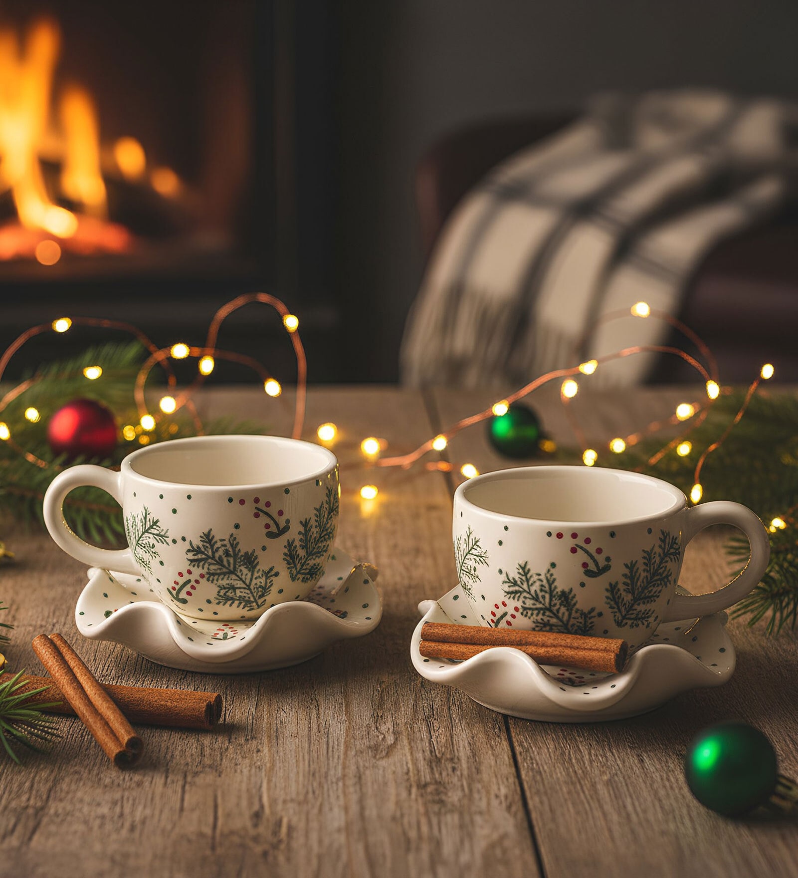 (Set of 2) Christmas Berry Ceramic Tea Cup & Saucer (Green & White) (Set of 2) Christmas Berry Ceramic Tea Cup & Saucer (Green & White)