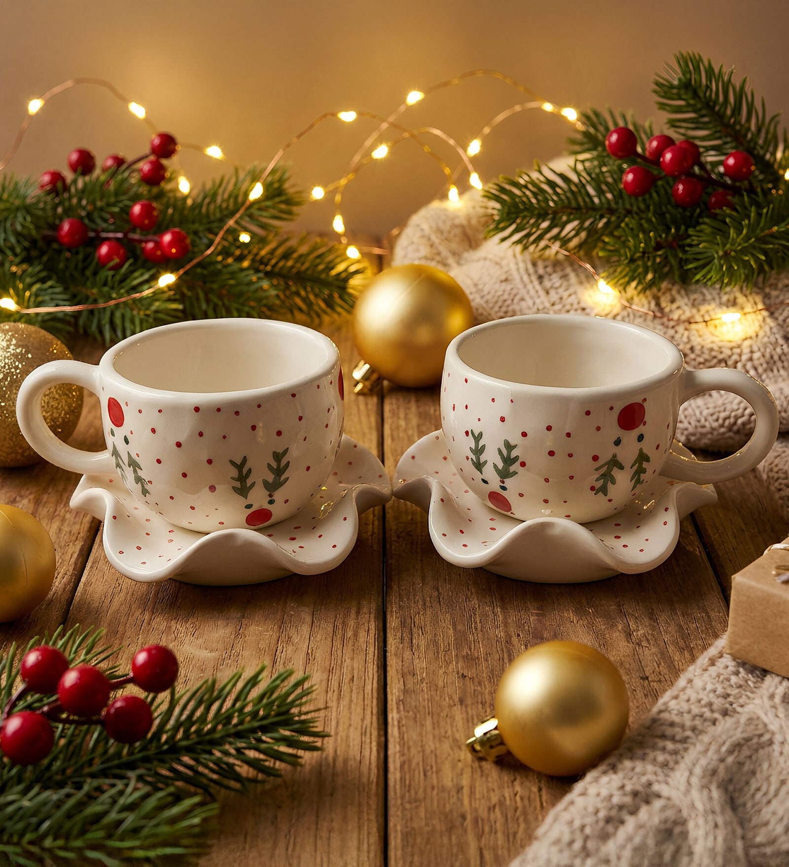 (Set of 2) Christmas Theme Ceramic Tea Cup & Saucer (Red & White) (Set of 2) Christmas Theme Ceramic Tea Cup & Saucer (Red & White)