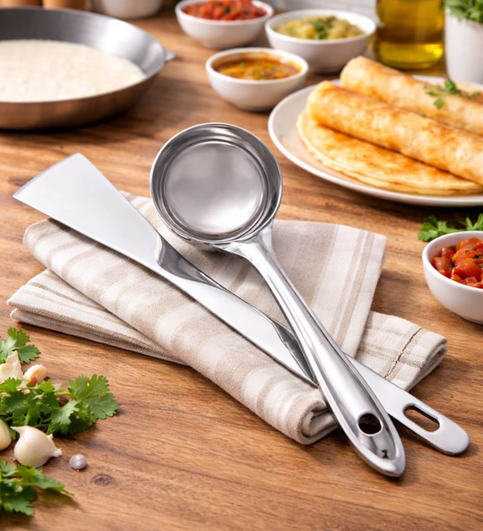 (Set of 2) DosaPro Collection Flat Base Easy Pour Stainless Steel Ladles (Set of 2) DosaPro Collection Flat Base Easy Pour Stainless Steel Ladles