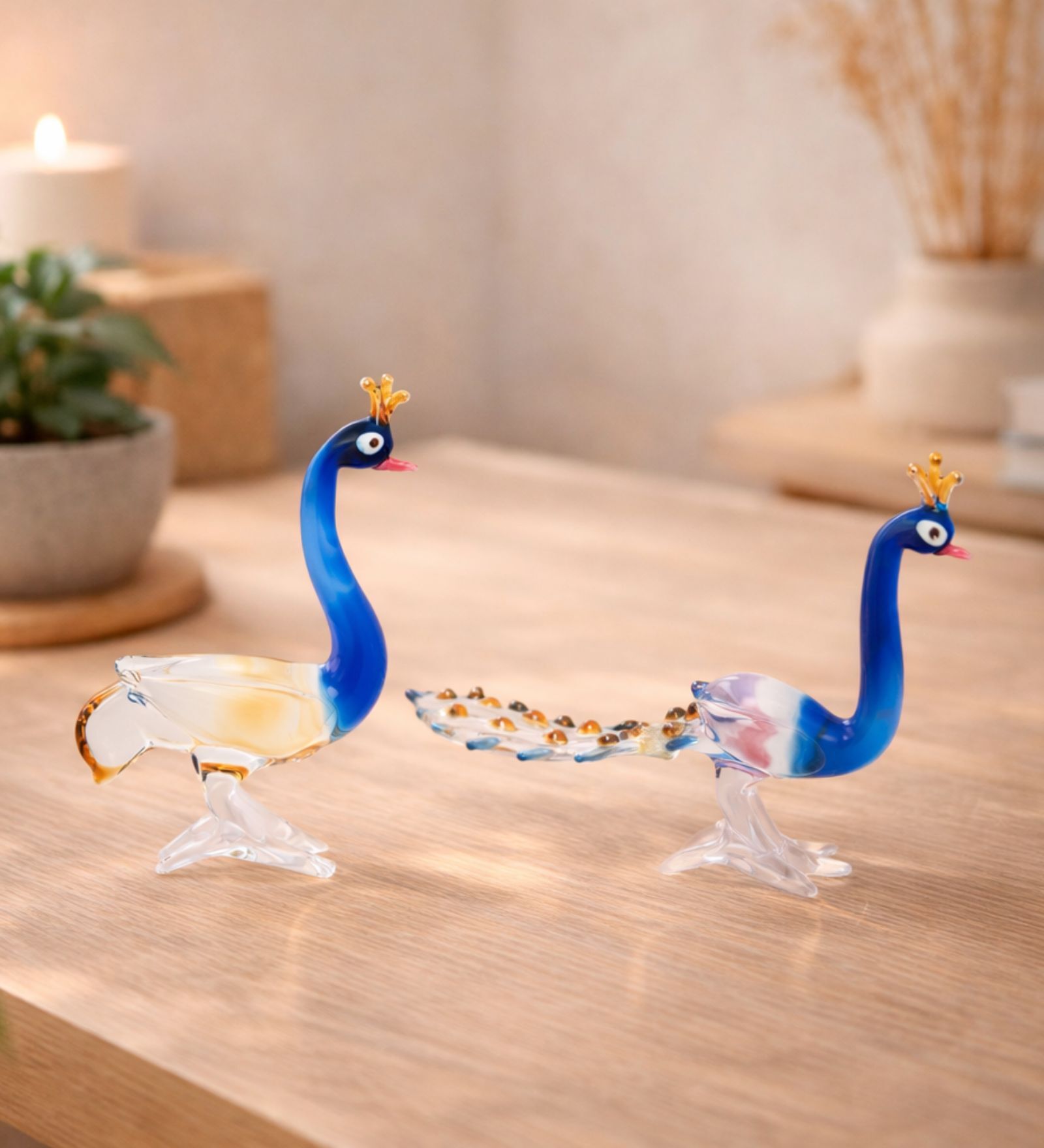 (Set Of 2) Indigo Glass Decorated Peacock