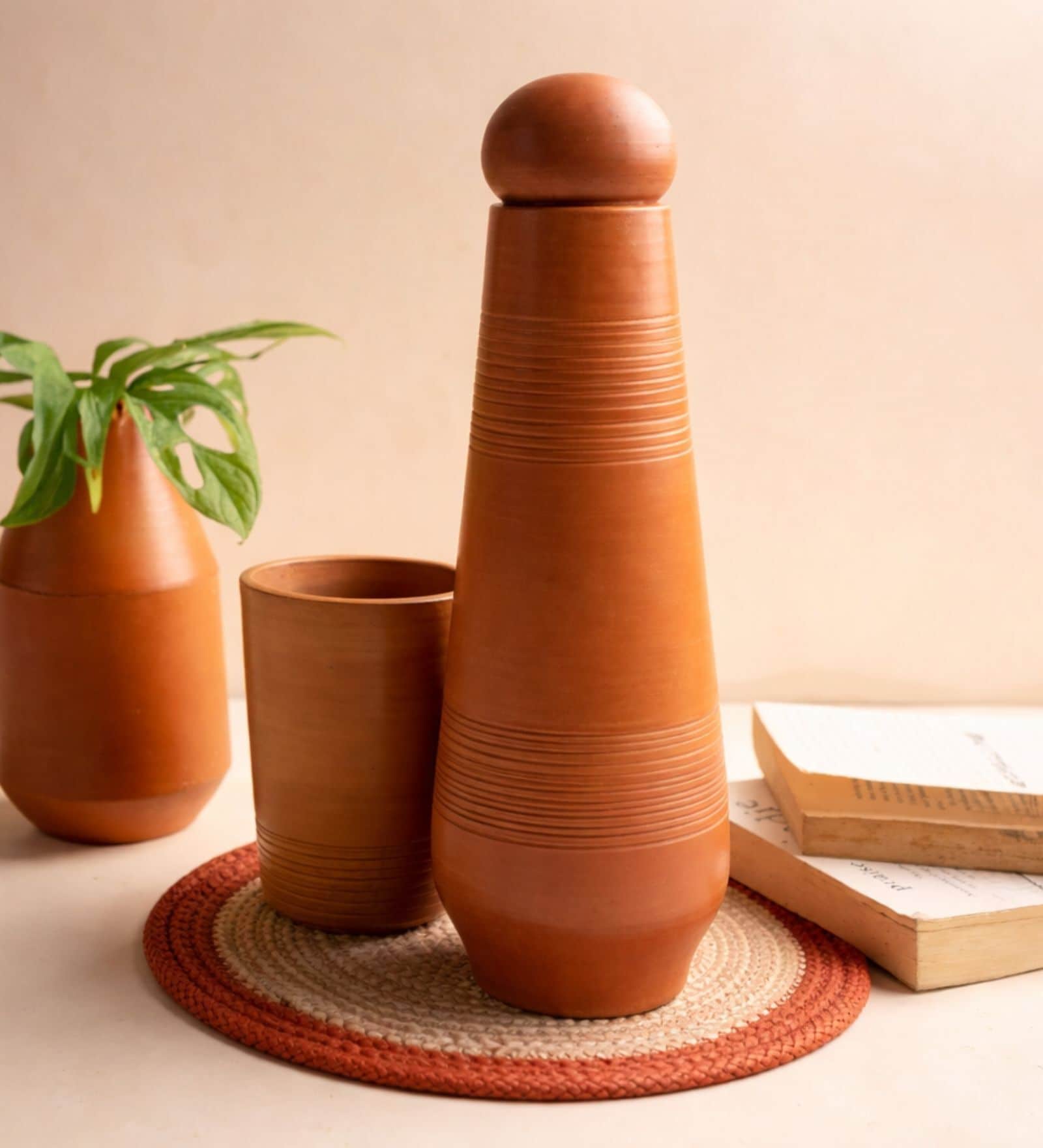 (Set Of 2) Mud Red Terracota Tapered  Bottle With Lid & Tumbler