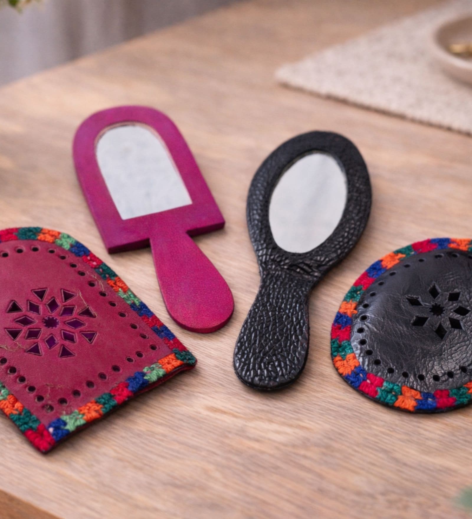 (Set Of 2) Pink & Black Leather Handcrafted Vegan Hand Mirror