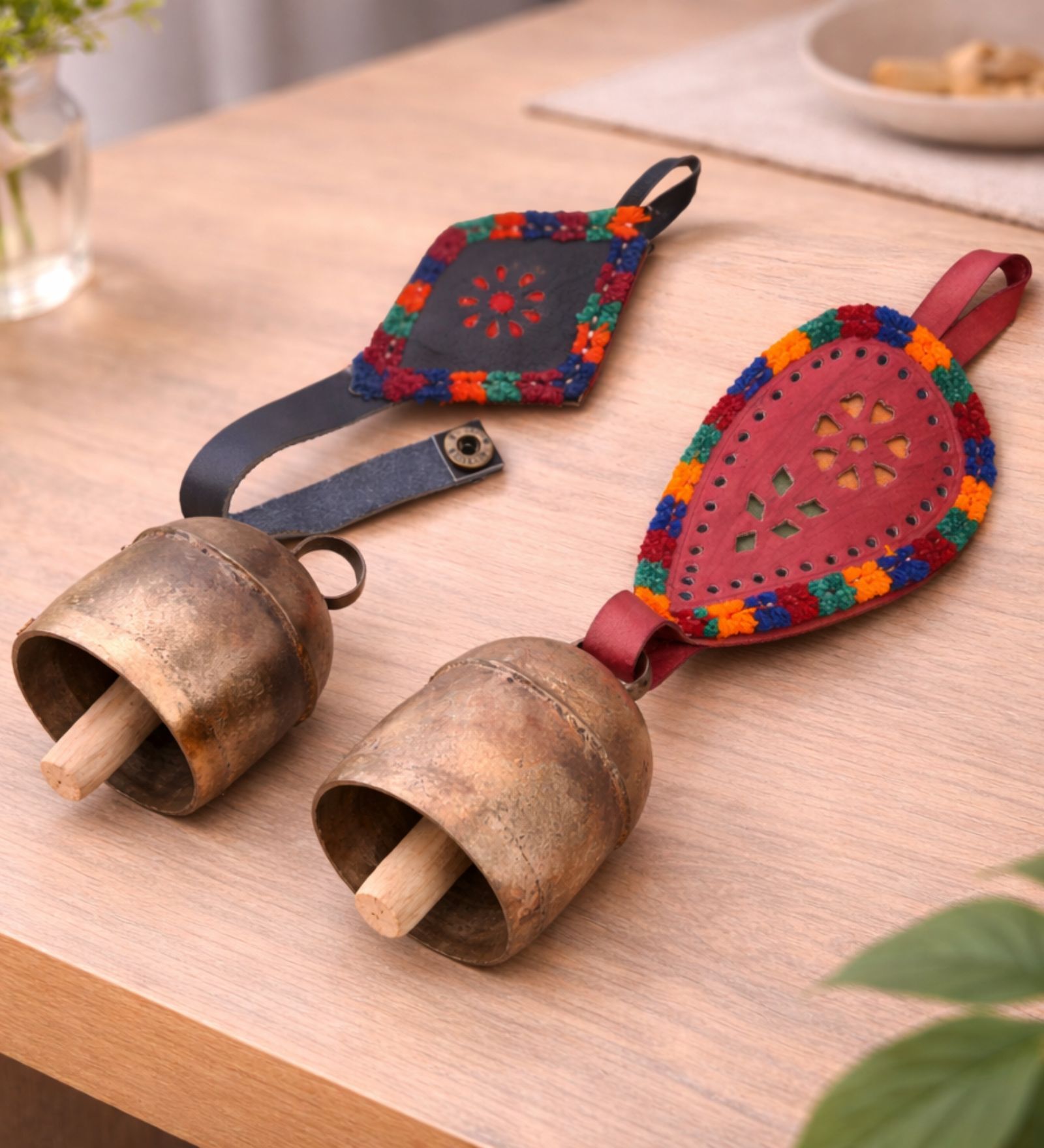 (Set Of 2) Red & Blue Metal Leather & Copper  Bells