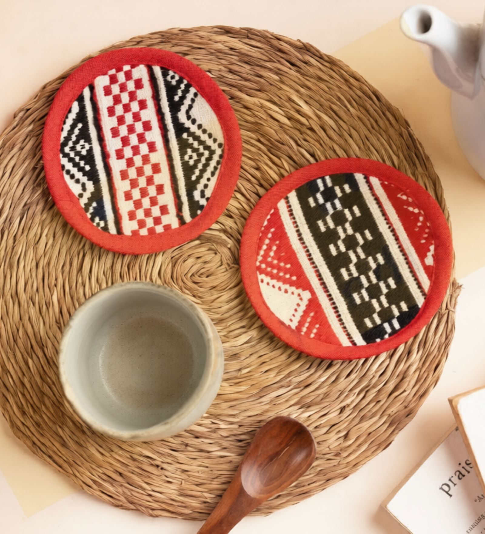 (Set Of 2) Red Cloth Toda Hand-Embroidered Round  Coasters