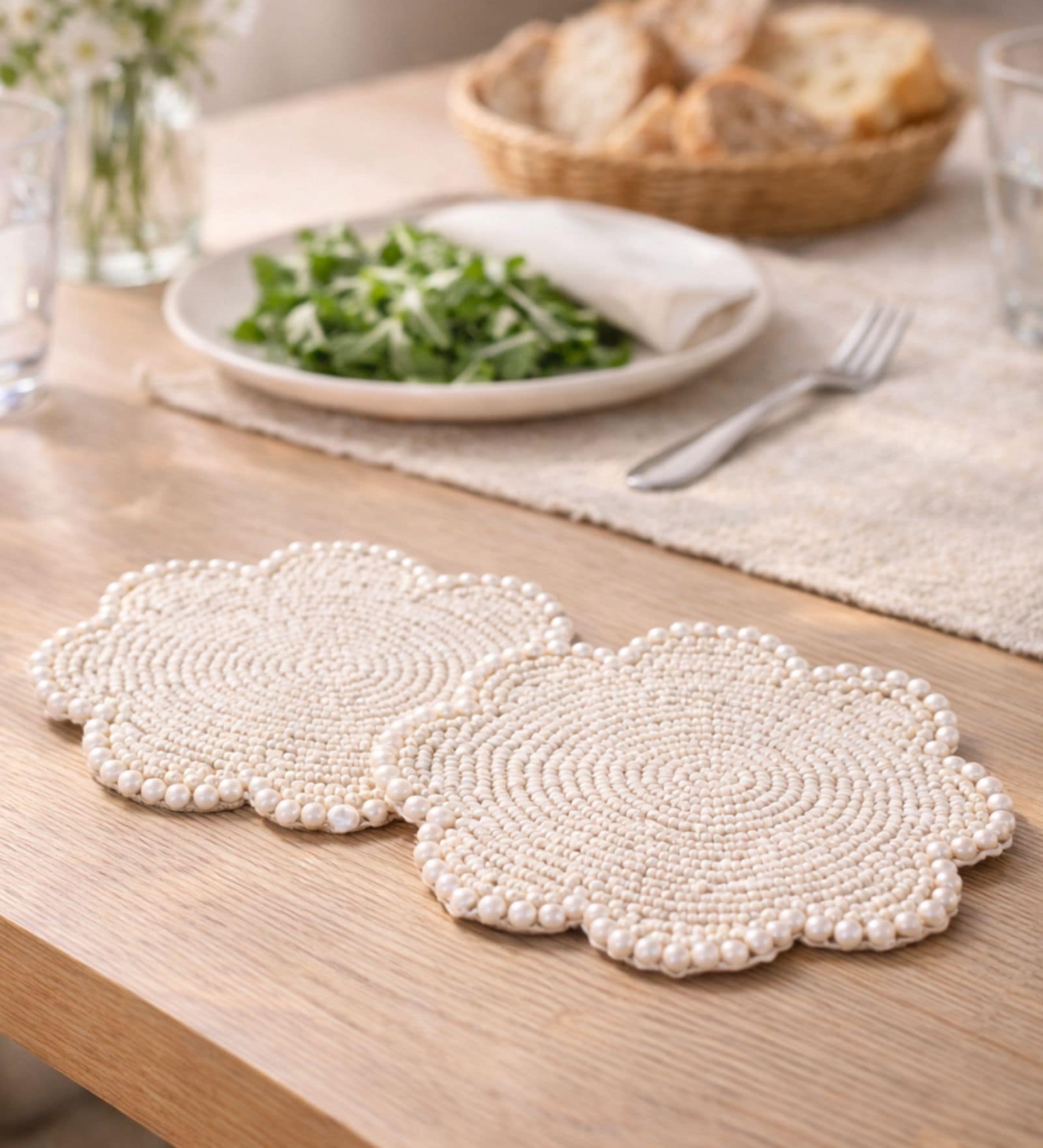 (Set Of 2) White Beaded Hand Coaster