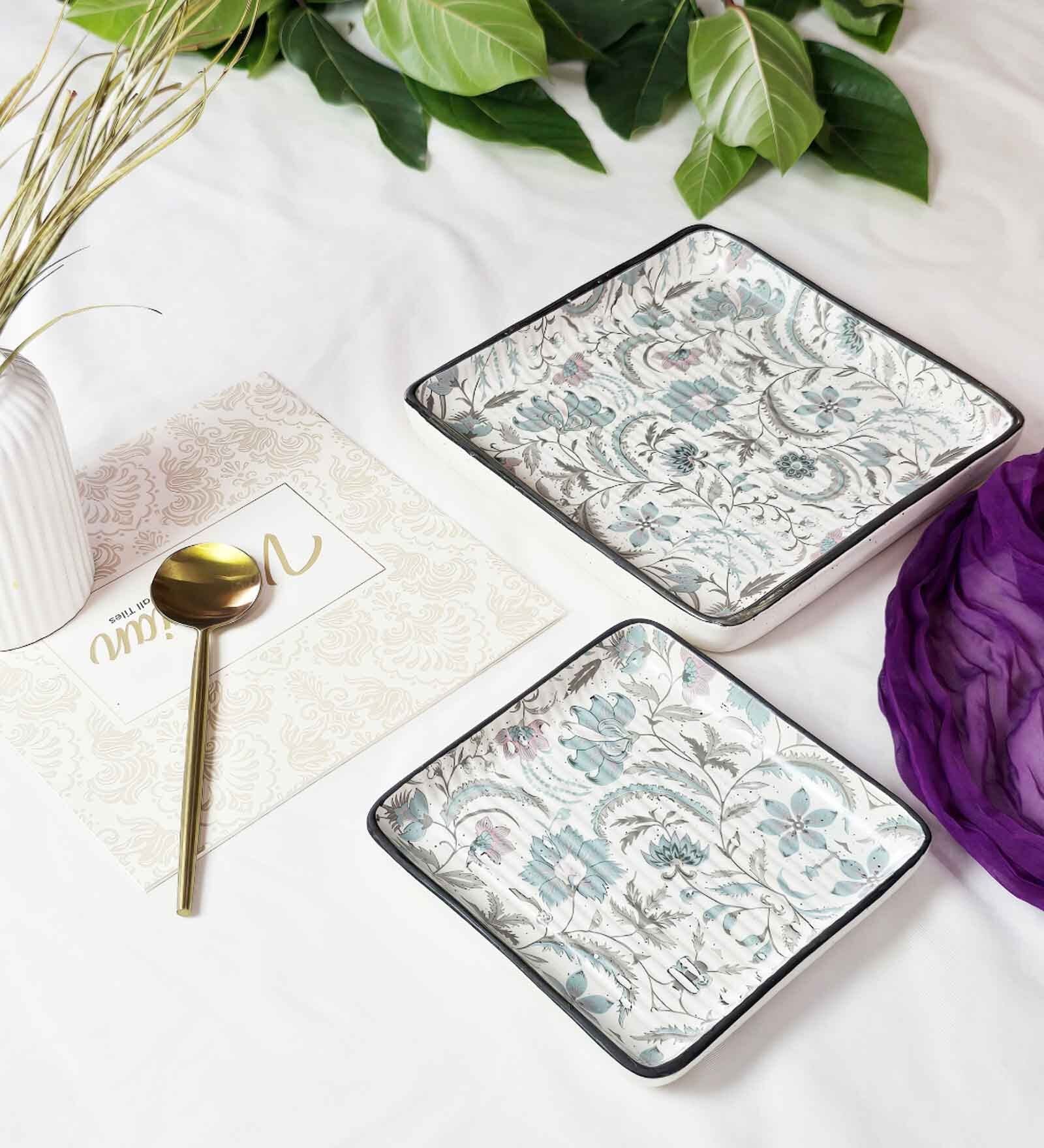 Bahar White & Blue Ceramic Floral (Set of 2)Appetizer Platter