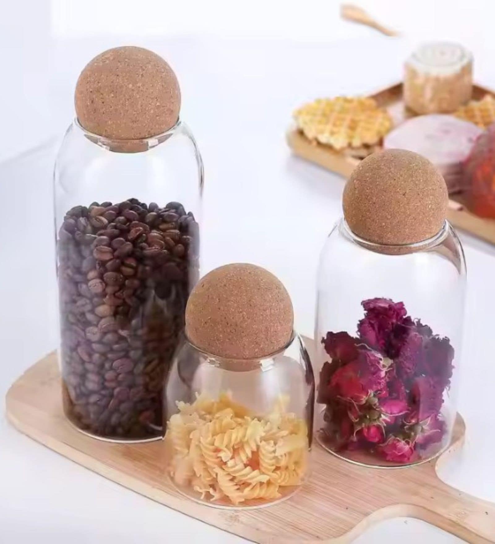 (Set of 3) Airtight Glass Storage Jar with Cork Ball Lid   Round Kitchen Container (Transparent)