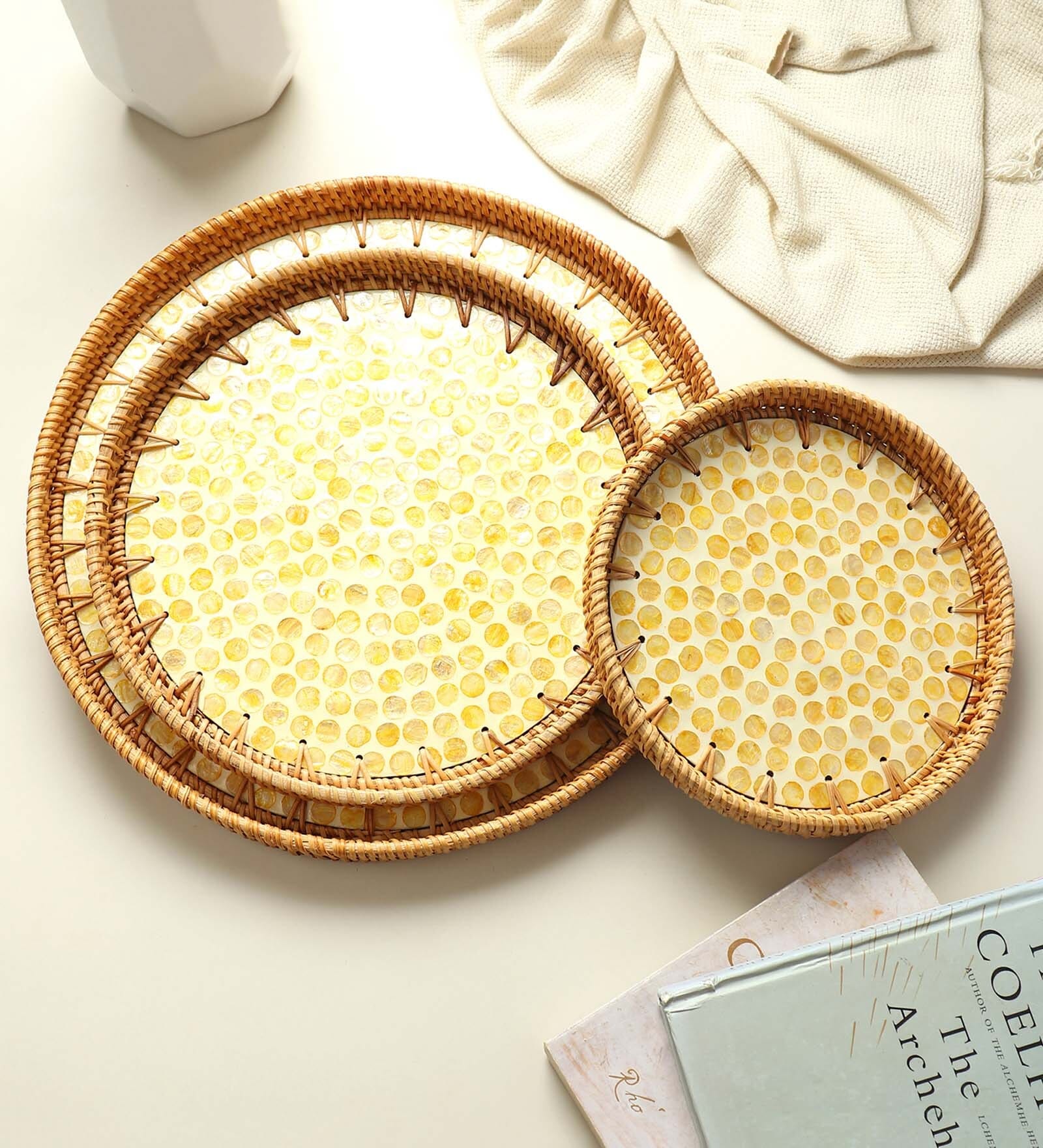 (Set of 3) Classic & Rattan Ceramic Serving Tray (Yellow)