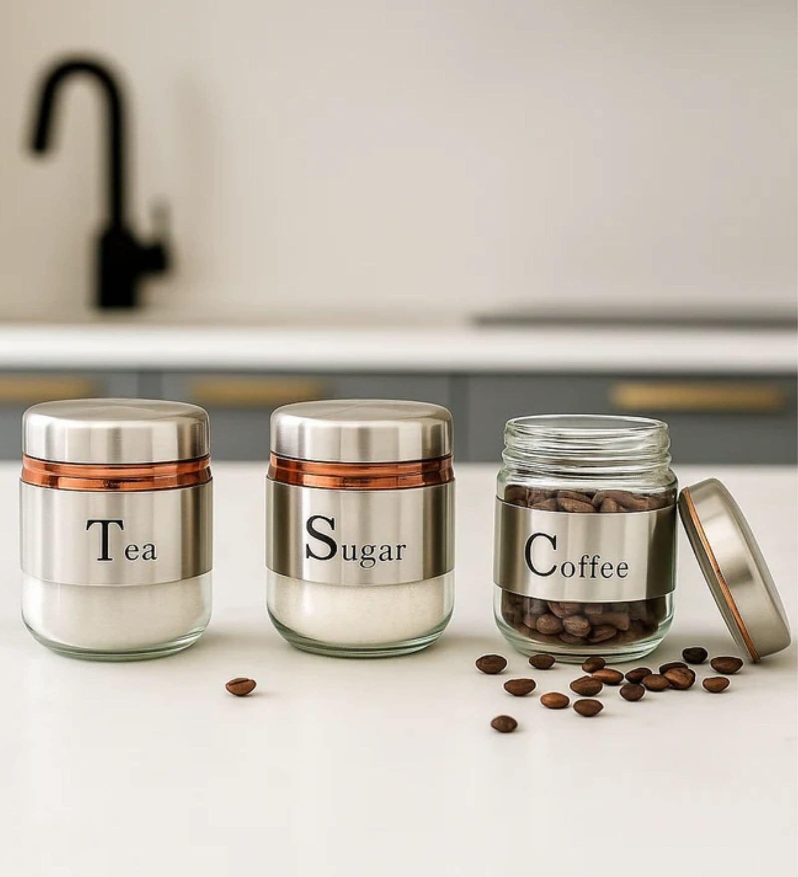 (Set of 3) Classic Collection 360ml Airtight Glass Tea Coffee Sugar Jars