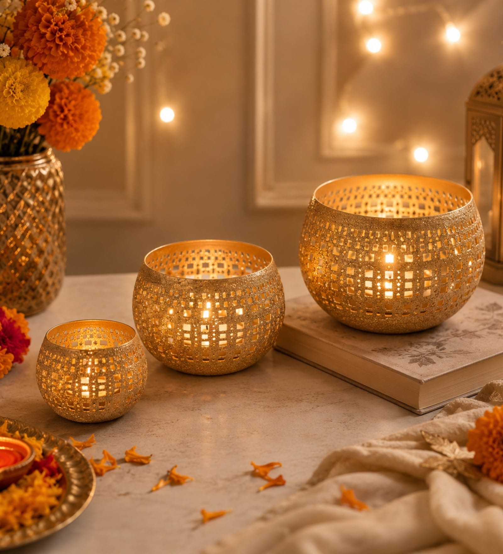 (Set of 3) Gold Texture Round Bowl Tealight Holders