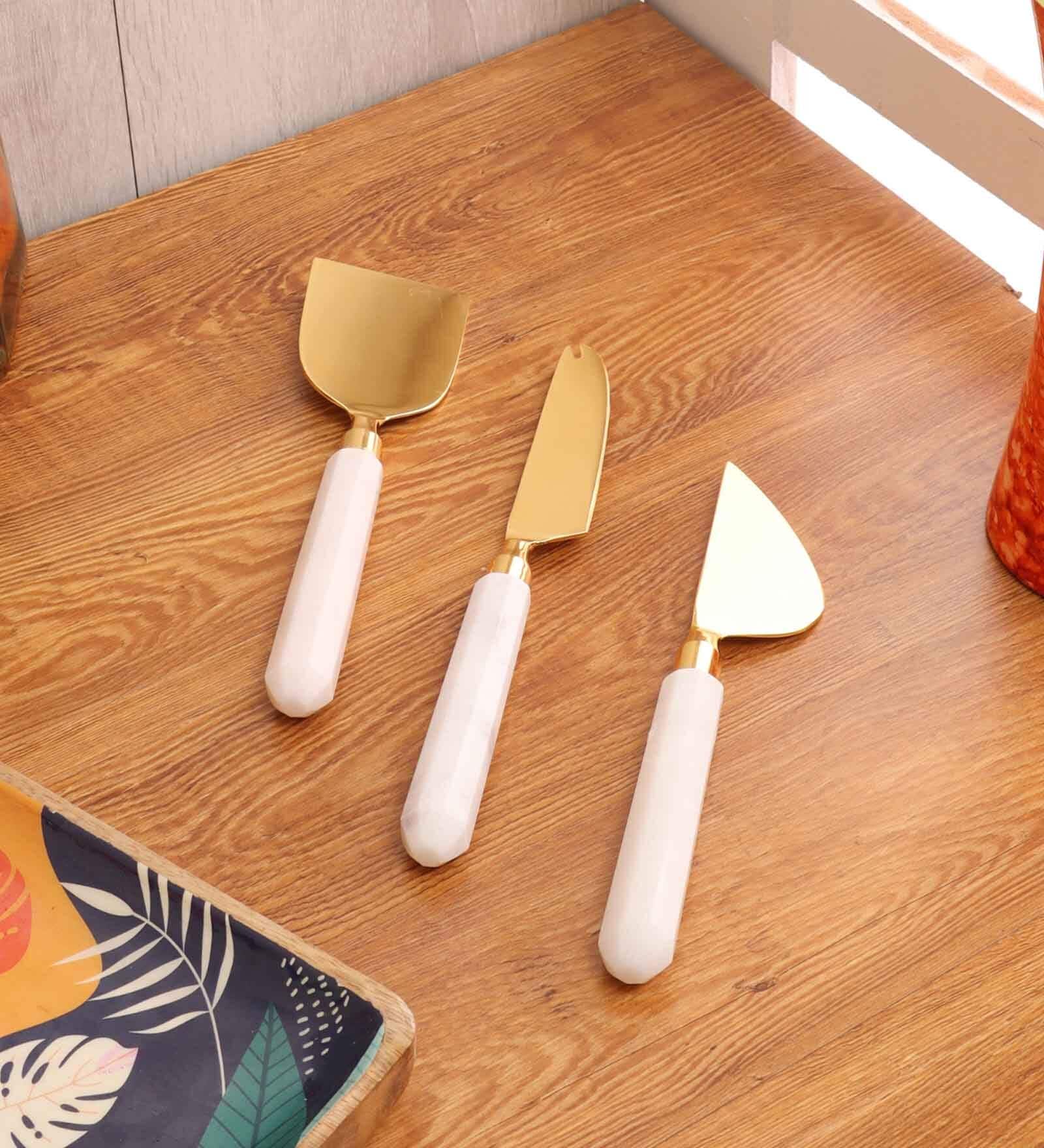 (Set of 3) Handmade Marble Cheese Platter with Gold Metal Plating