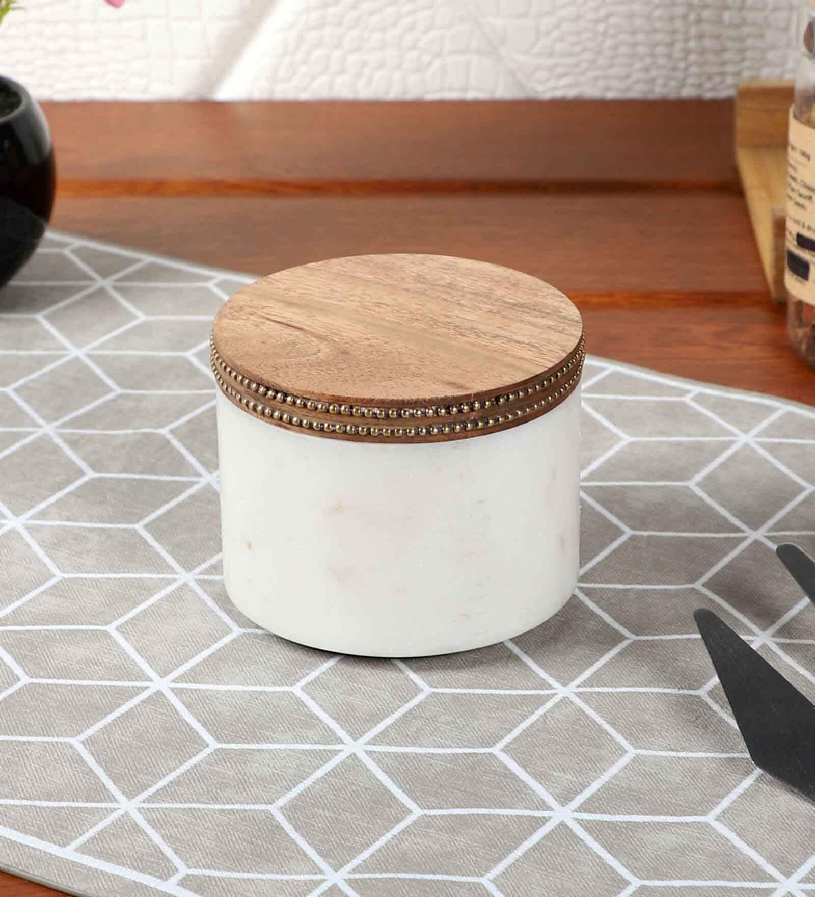 Handmade Marble Condiment Set with Wooden Tray & Brass Lid