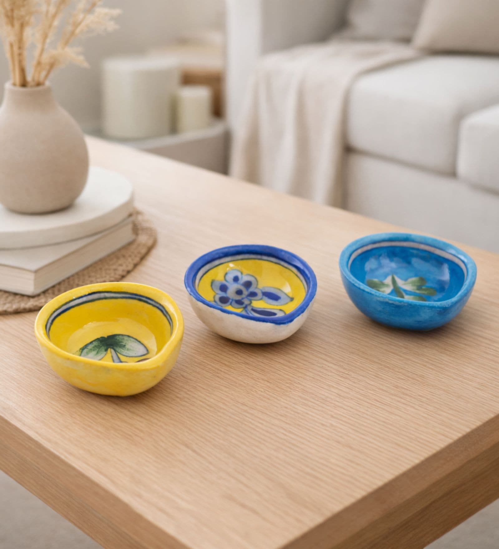 (Set Of 3) Multicolor Clay Blue Pottery Diyas