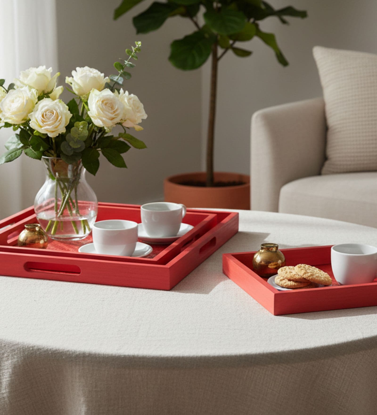 (Set Of 3) Red Bamboo Handwoven  Tray Set