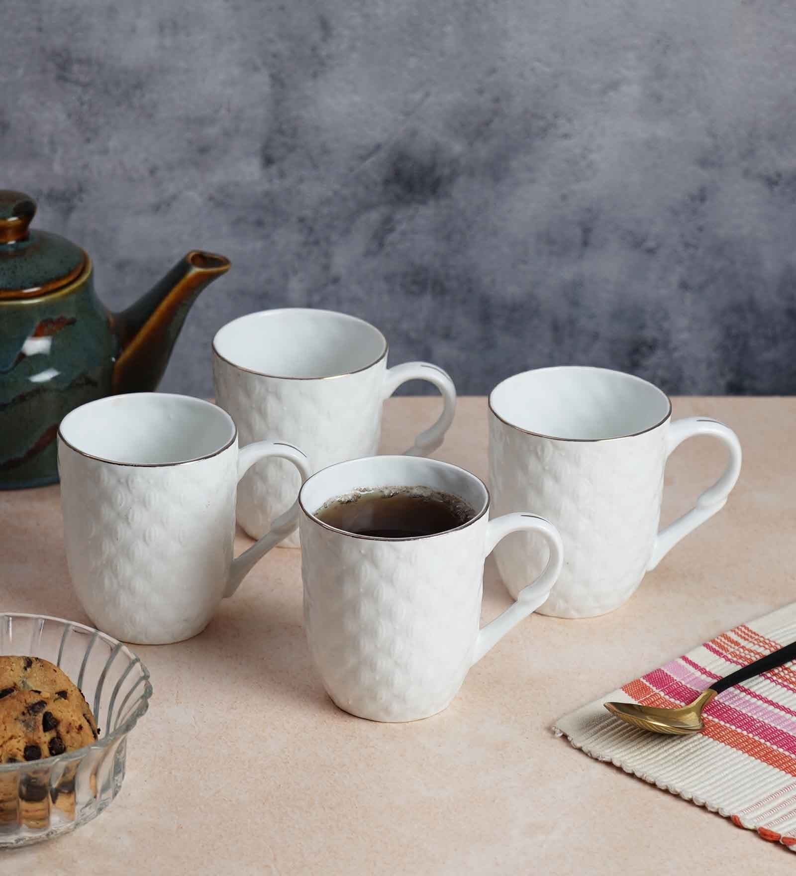 (Set of 4 ) 200ml Golden Line Embossed Designer Coffee Mug (White)