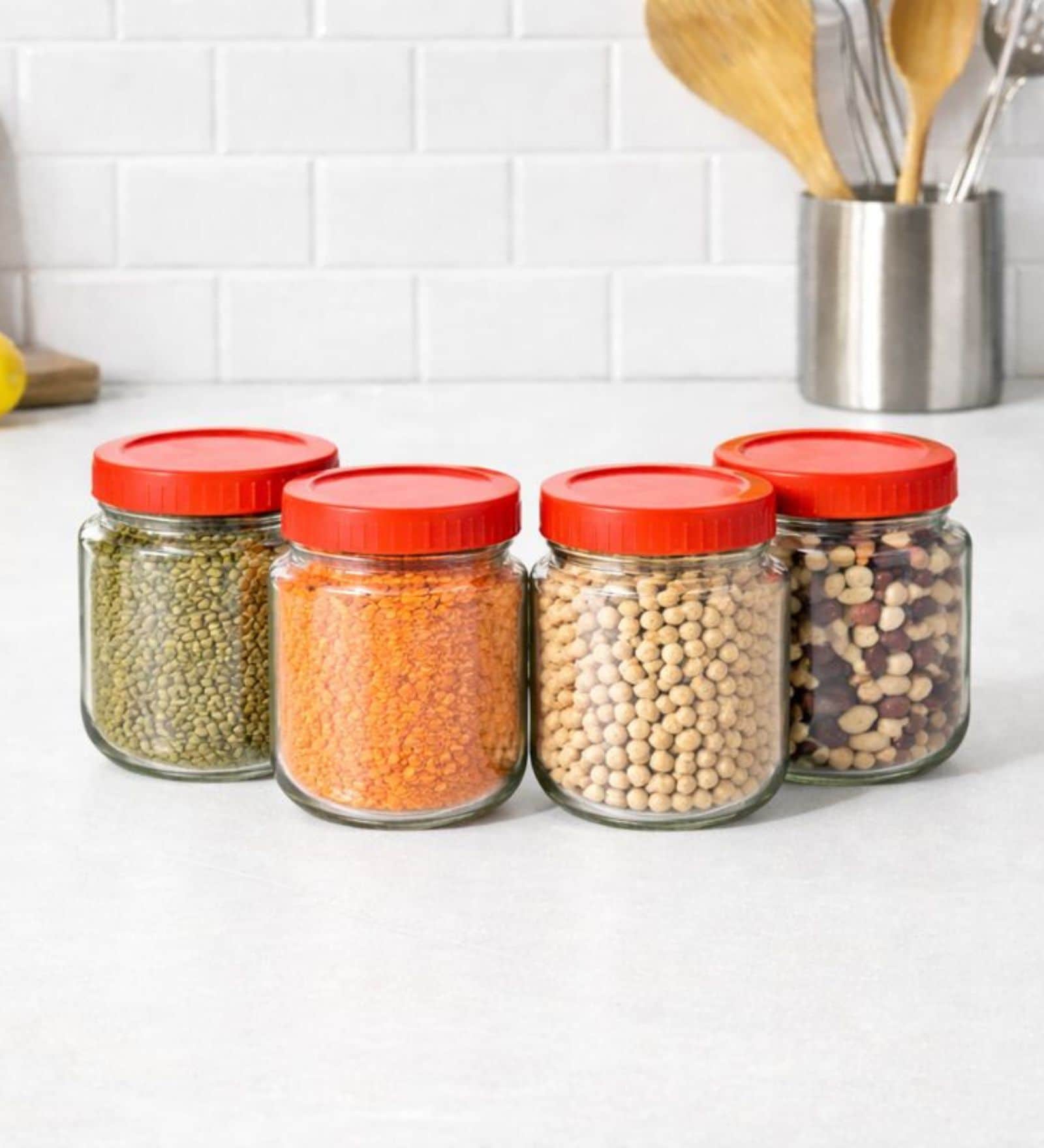 (Set of 4) Classic Collection 500ml Round Shape Glass Storage Jars with Plastic Lid