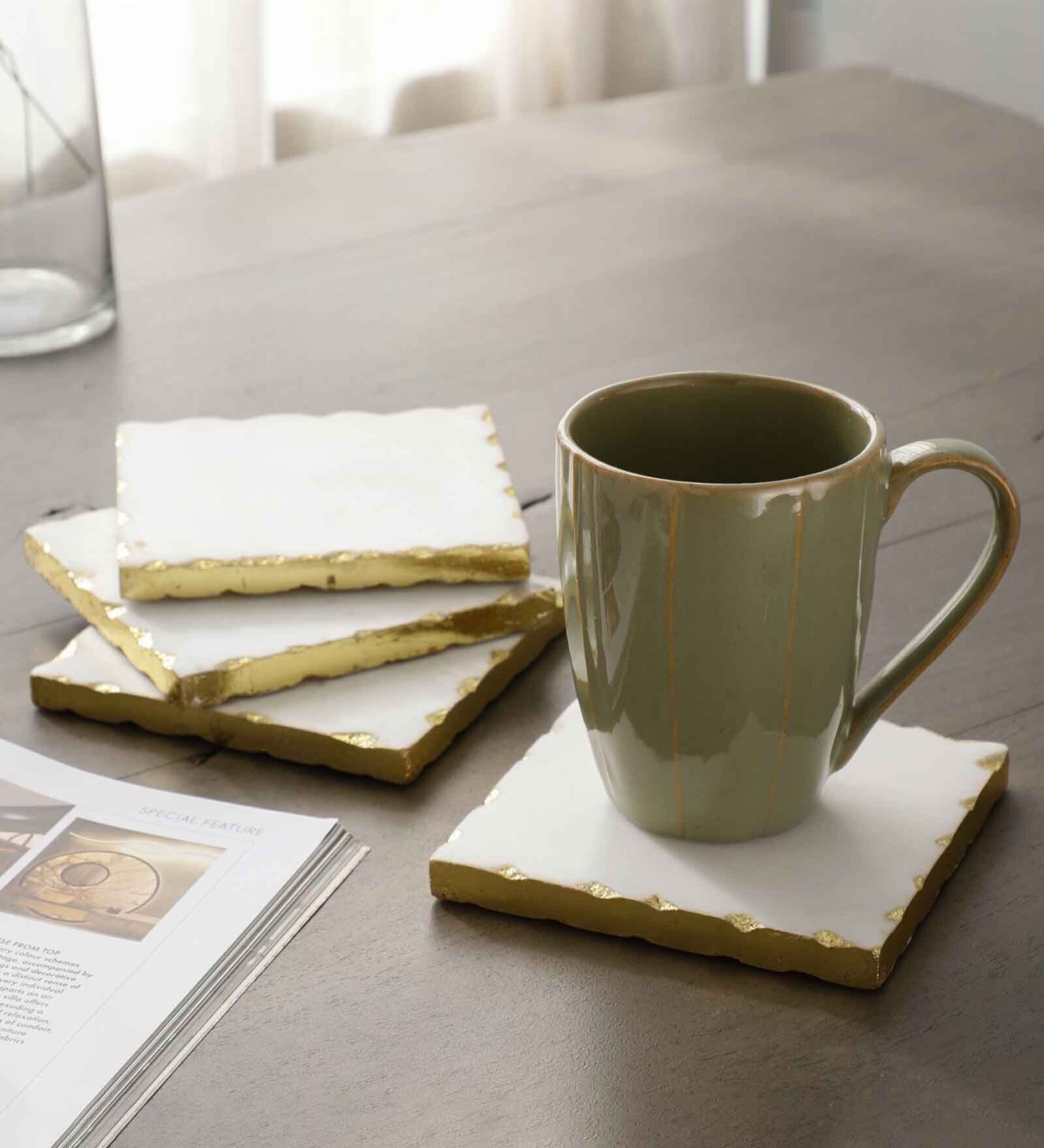 (Set of 4) Handmade 4 Inch Dia Marble Table Coaster with Gold Foil