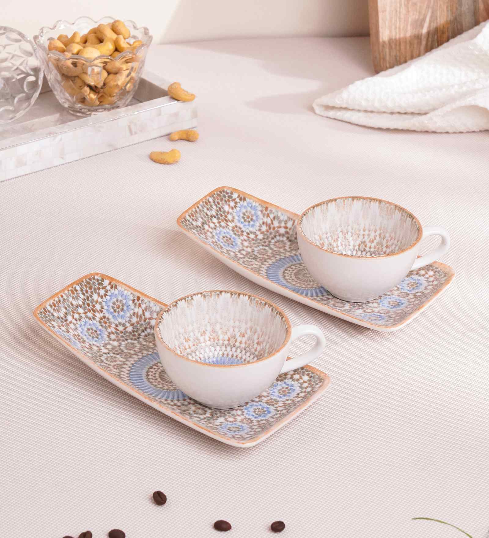 (Set of 4) Pixel- Morocco Fine Porcelain Coffee Mug with Snack Plate
