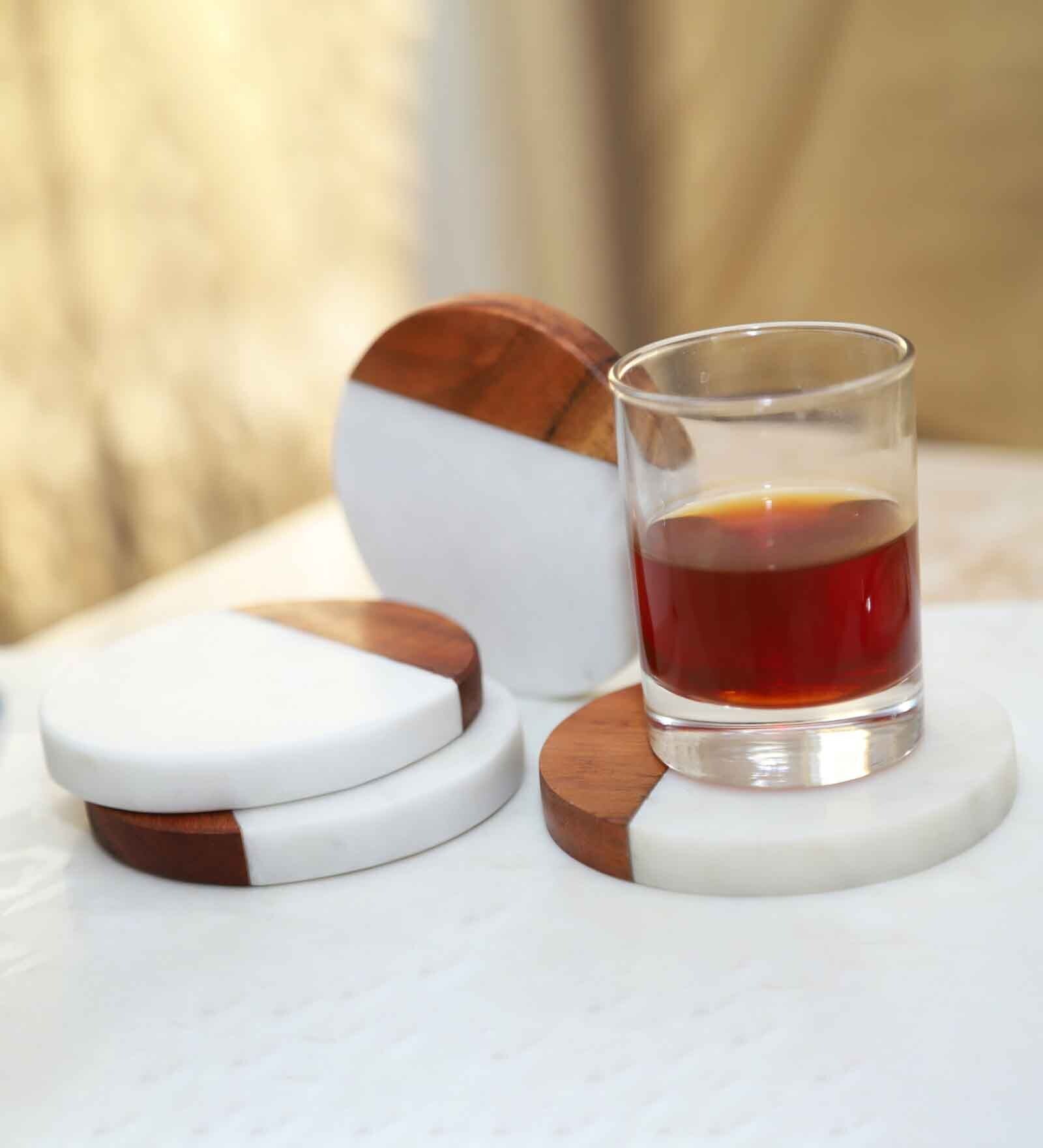 (Set of 4) Vintage Round Handmade Marble & Acacia Wood Coaster Set