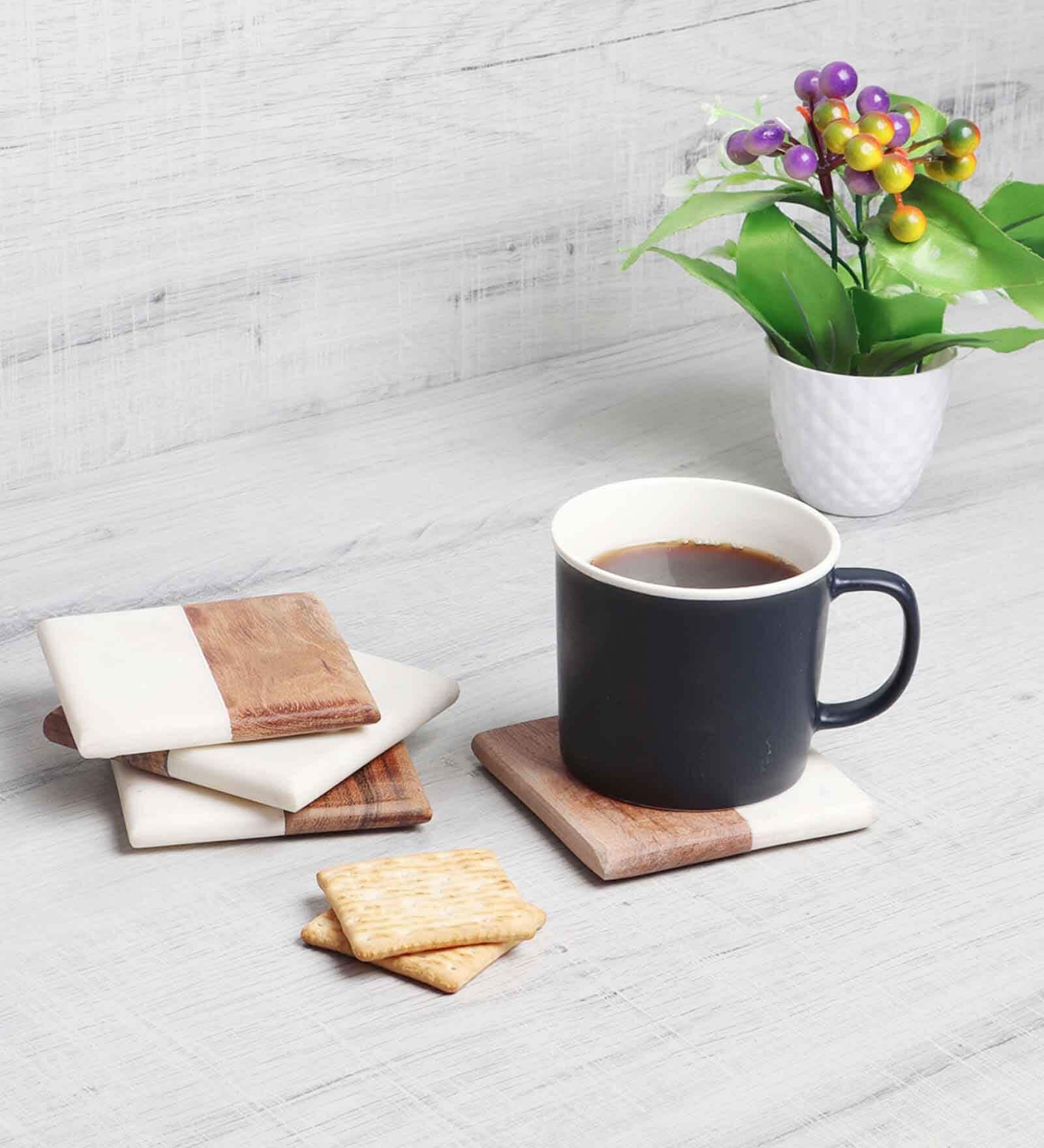 (Set of 4) Vintage Sqaure Handmade Marble & Acacia Wood Coaster Set (Set of 4) Vintage Sqaure Handmade Marble & Acacia Wood Coaster Set