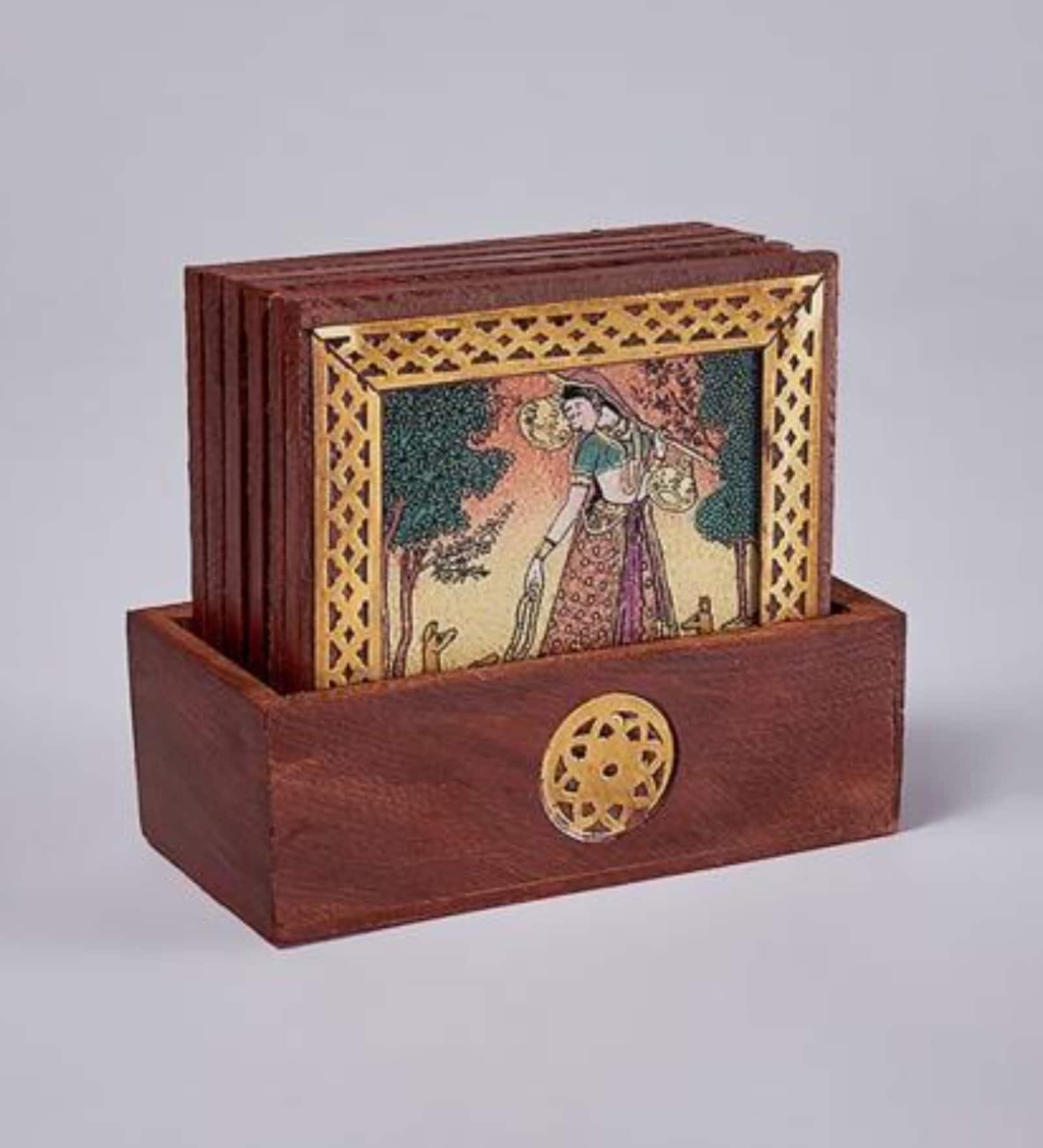 (Set of 6) Ethinic Gomati Printed Wood Table Coaster & Stand with Brass Border (Brown)
