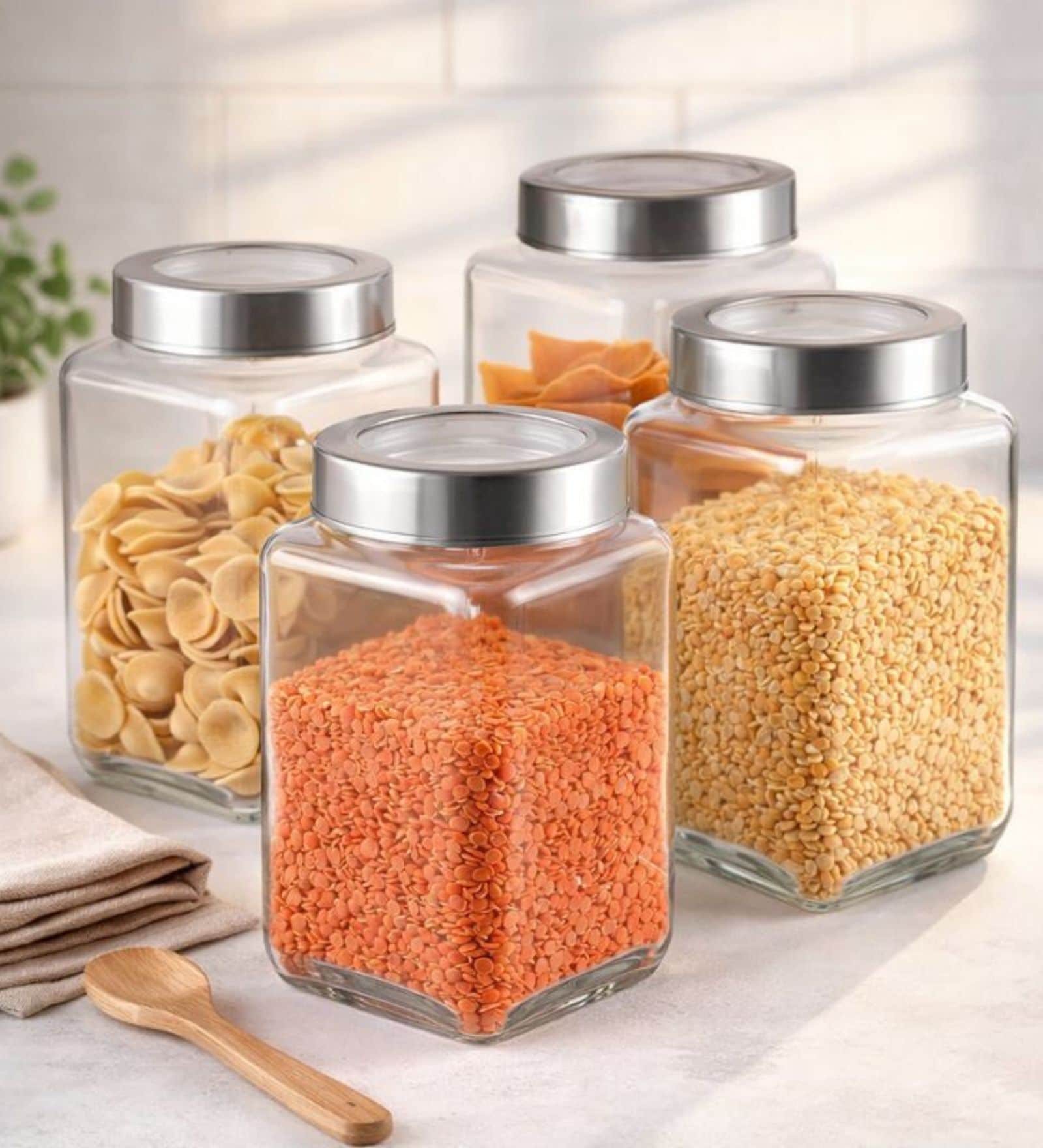(Set of 6) Square Collection 1000ml See Through Lid Glass Storage Jars