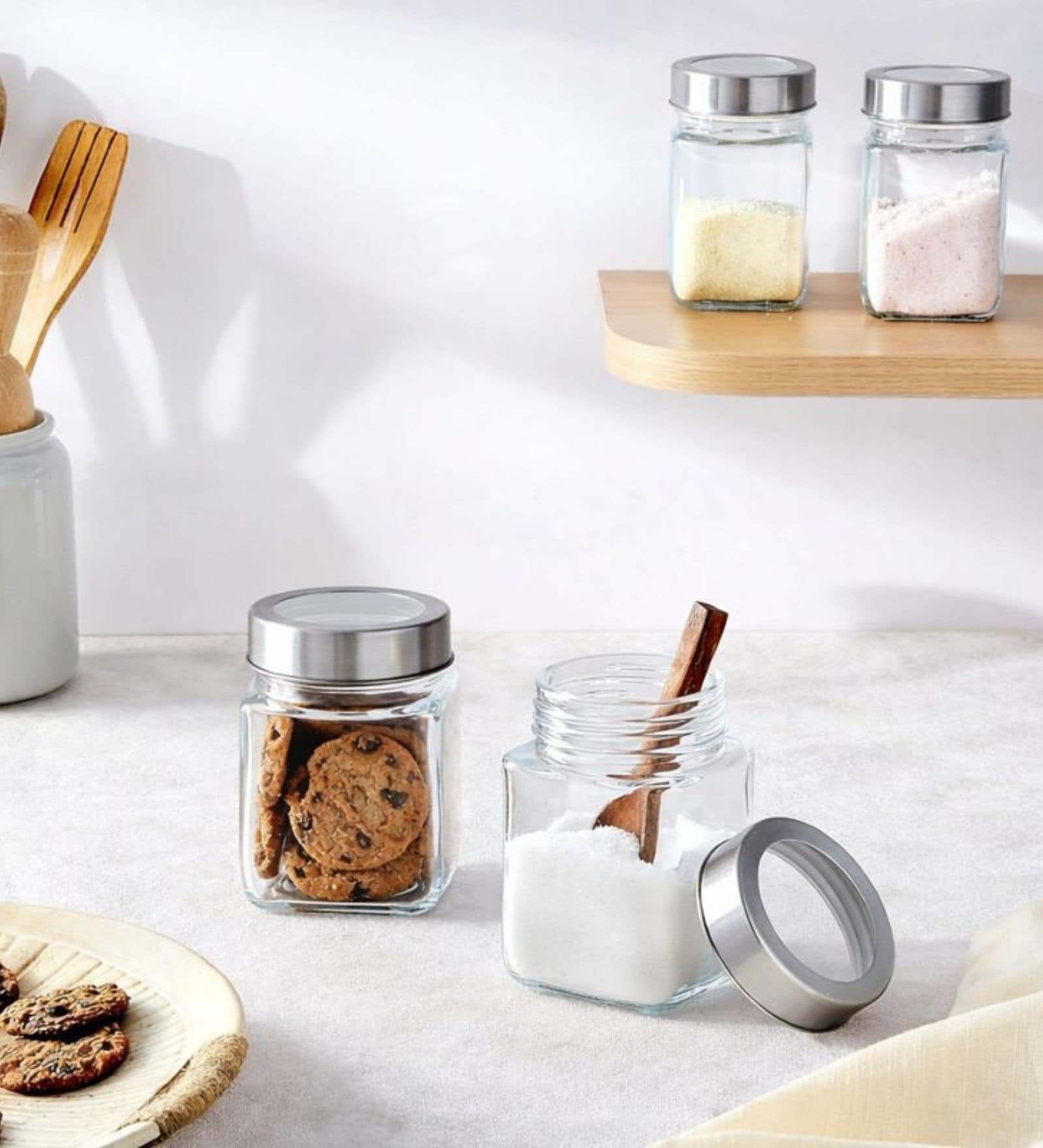 (Set of 6) Square Collection See Through Lid Glass Storage Jars