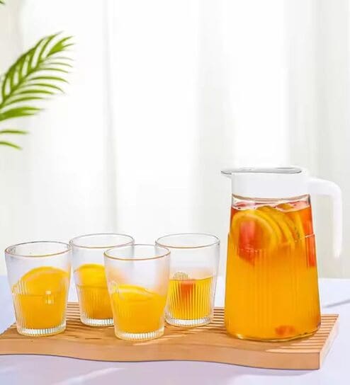 (Set of 1 Jug + 4 Glasses) 1.2 Litre Glass Jug with Lid + 200ml Glass Set   High Durability Pitcher & Cups for Water, Ice Tea (Transparent)